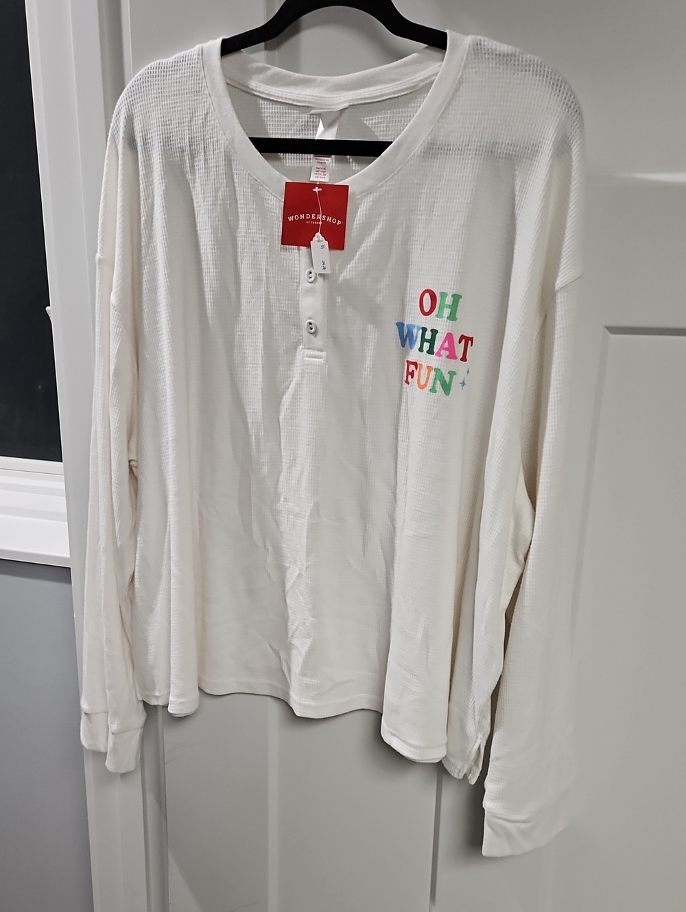 Wondershop Cream Waffle Henley with Colorful 'Oh What Fun' Print